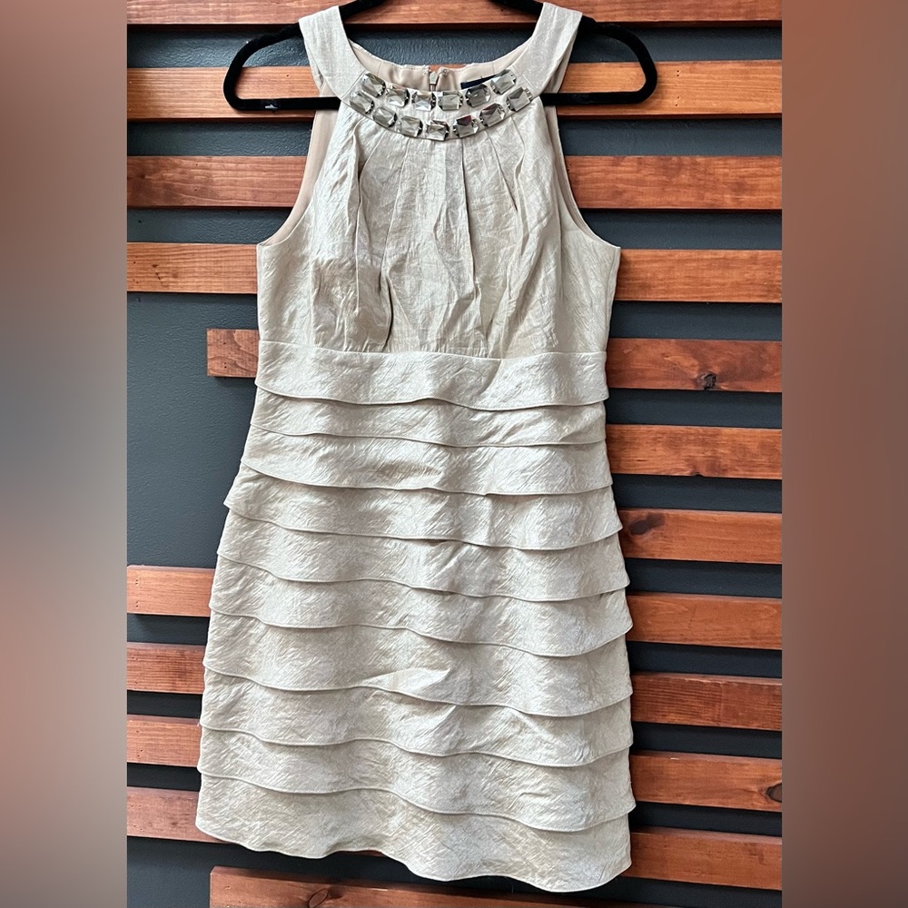 Sixth Sense Pewter A-Line Bejeweled Neckline Sleeveless Knee Length Dress Sz L